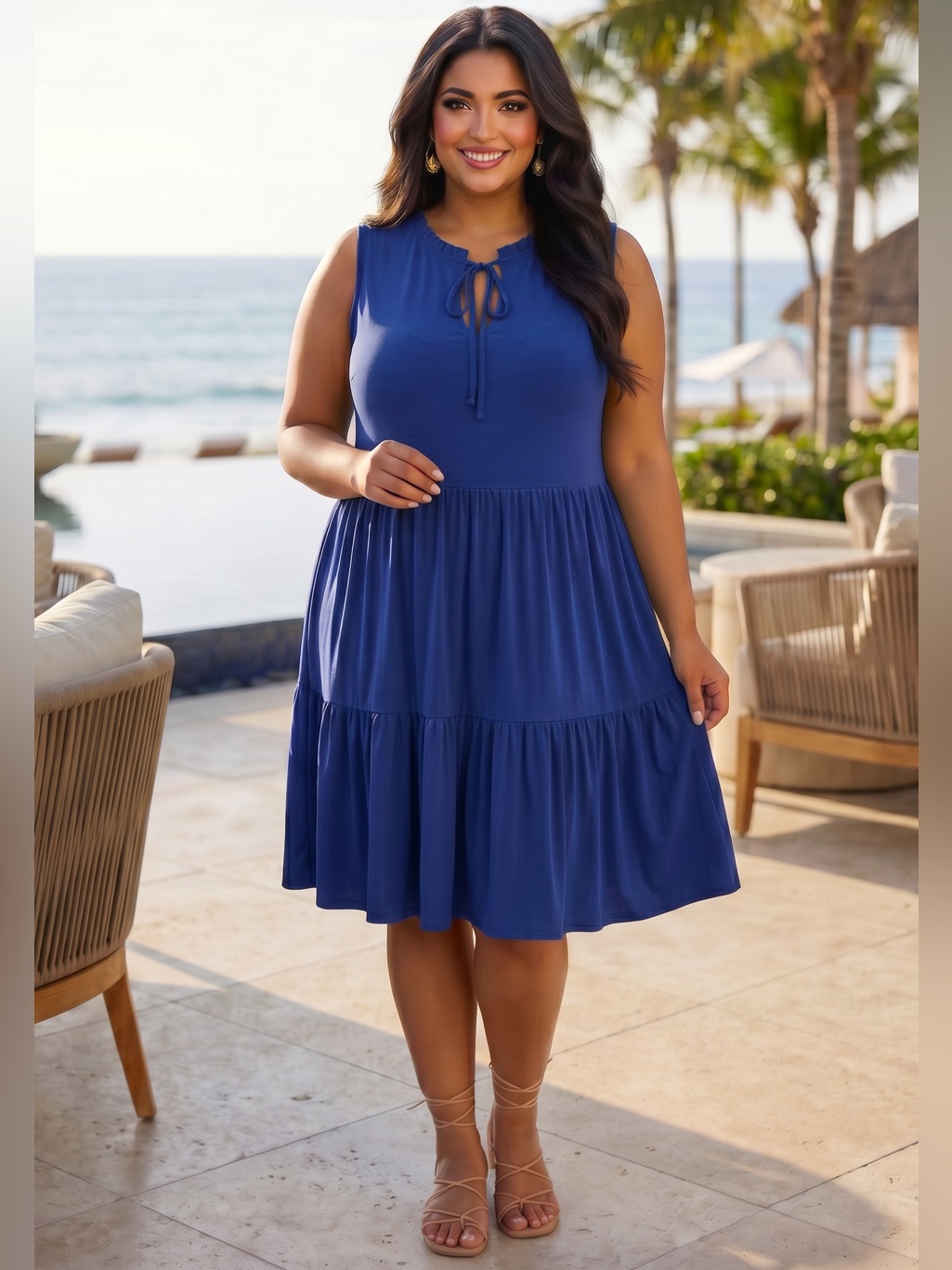 W023. Stylish Chic Sleeveless Tiered Dress In Royal Blue